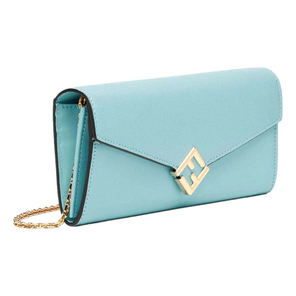 Fendi FF Diamonds Light Blue Calfskin Leather Continental Wallet on Chain Gold
